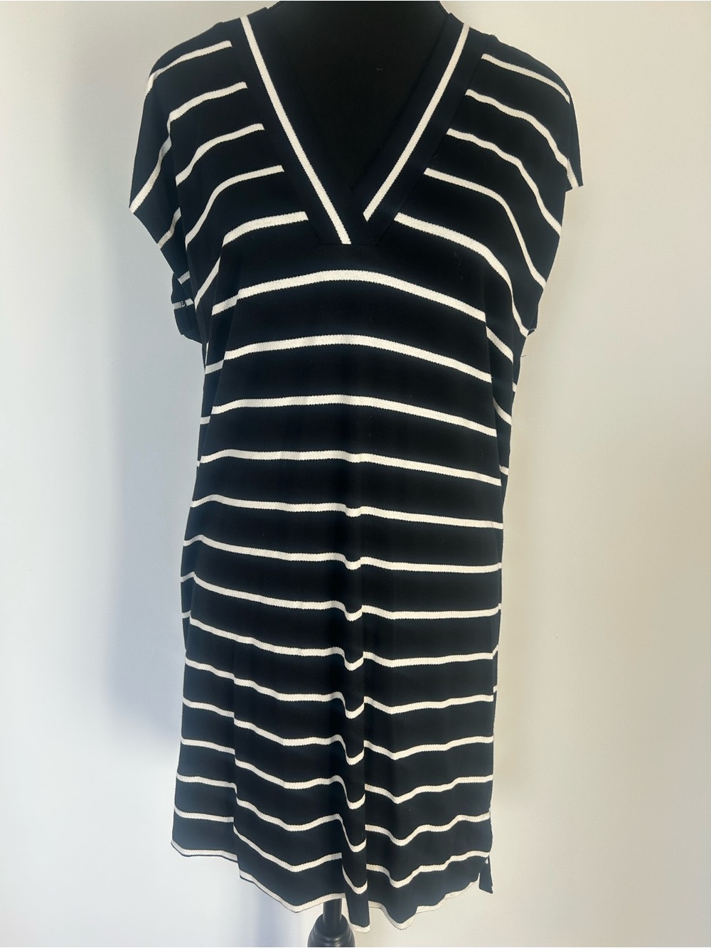 Black & White Striped V-Neck Midi Dress